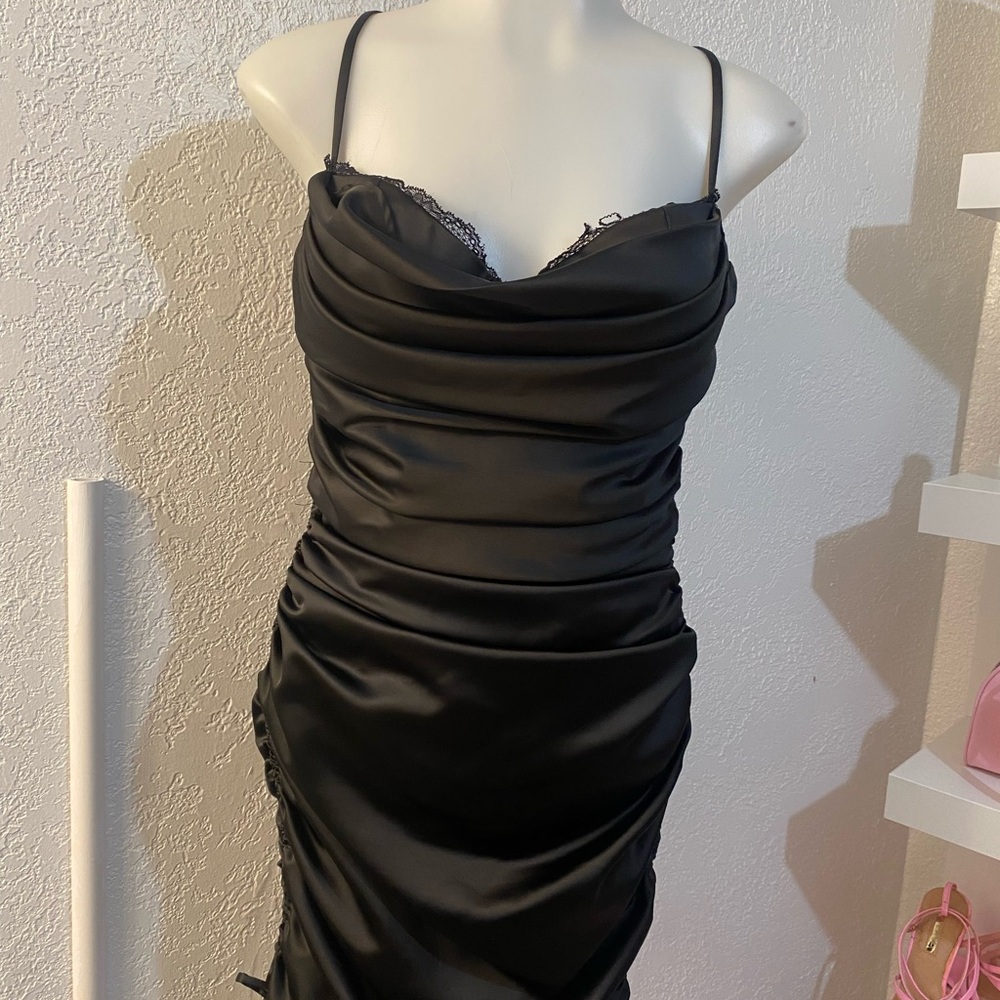 Oh Polly Black Satin Slip Dress